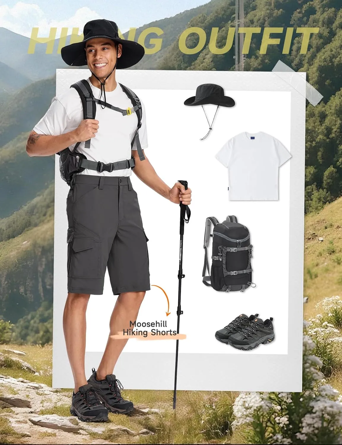 Moosehill Mens-Cargo-Hiking-Shorts Lightweight Water Resistant Quick Dry Relaxed Fit Big & Tall Stretch Waist with 8 Pockets