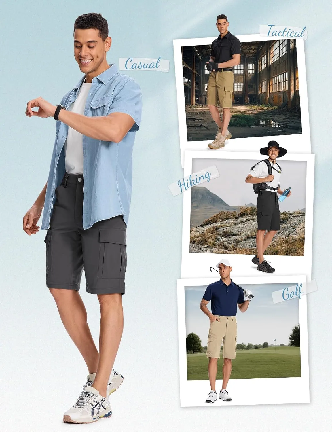 Moosehill Mens-Cargo-Hiking-Shorts Lightweight Water Resistant Quick Dry Relaxed Fit Big & Tall Stretch Waist with 8 Pockets