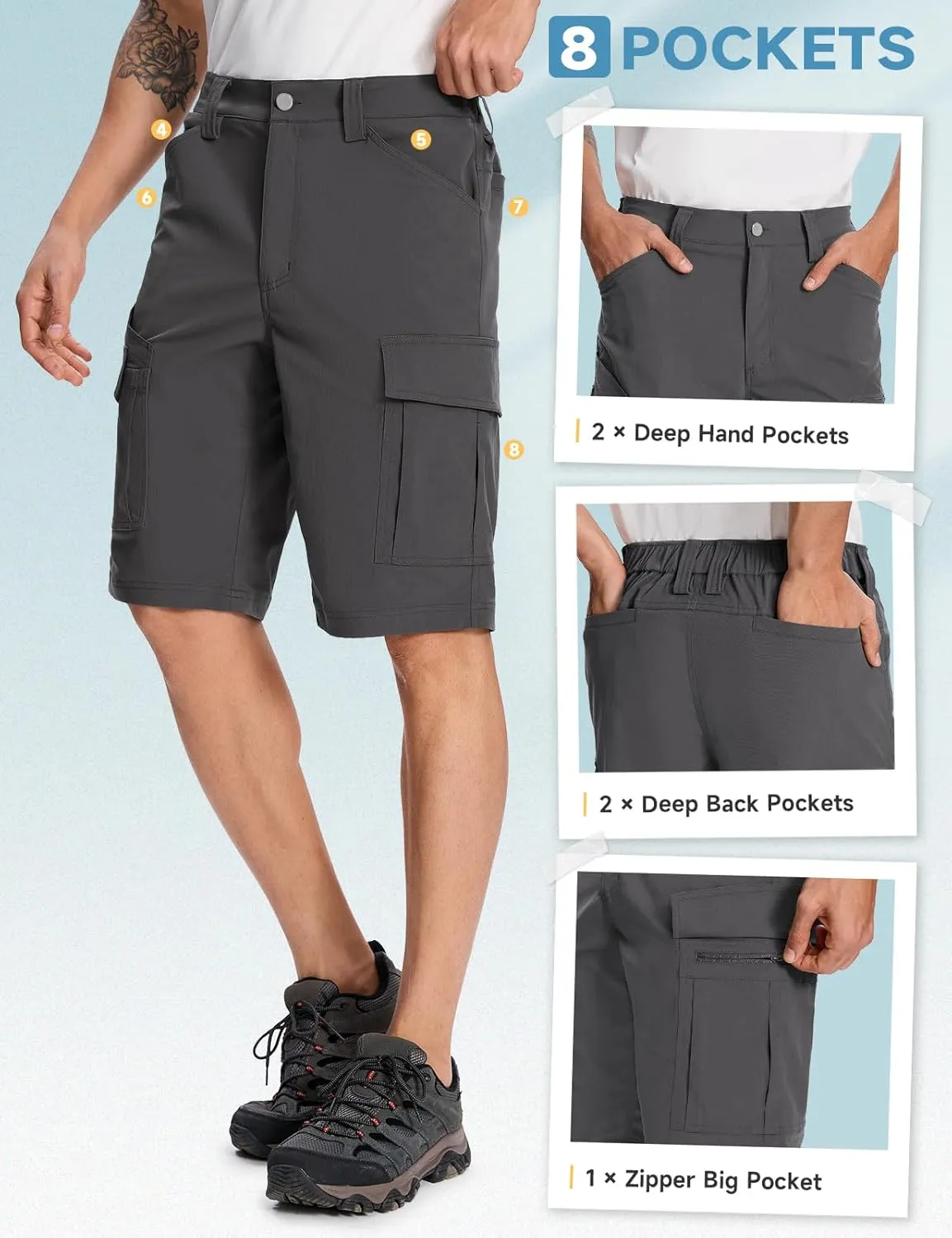 Moosehill Mens-Cargo-Hiking-Shorts Lightweight Water Resistant Quick Dry Relaxed Fit Big & Tall Stretch Waist with 8 Pockets