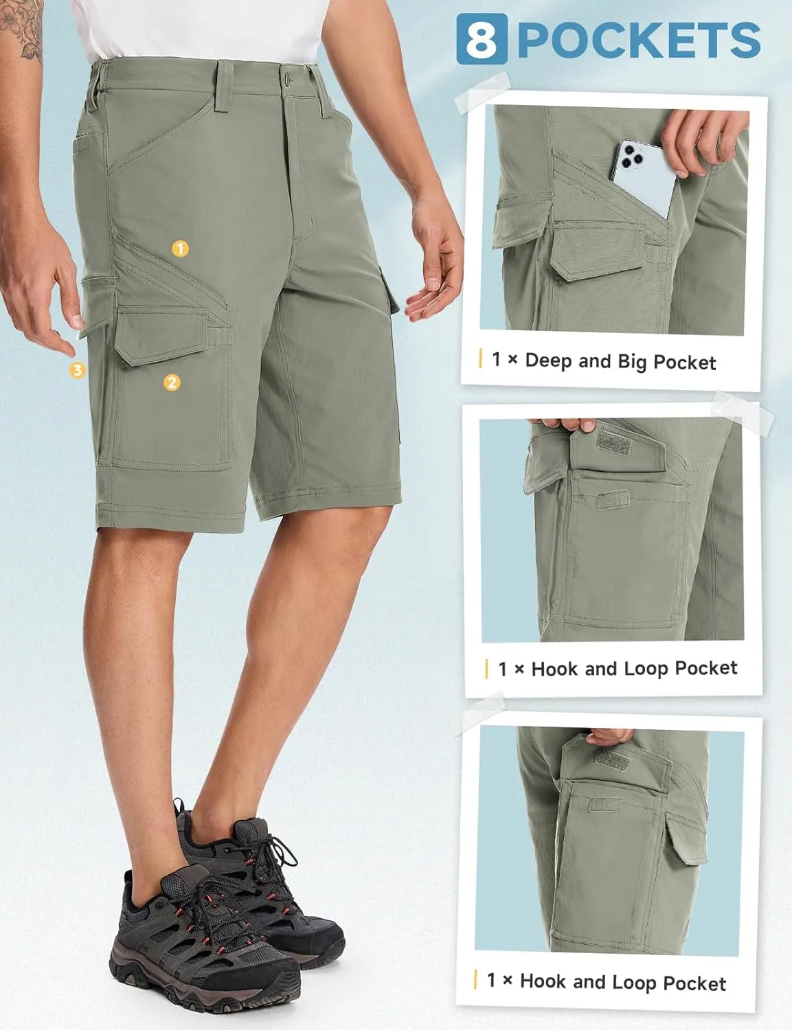Moosehill Mens-Cargo-Hiking-Shorts Lightweight Water Resistant Quick Dry Relaxed Fit Big & Tall Stretch Waist with 8 Pockets