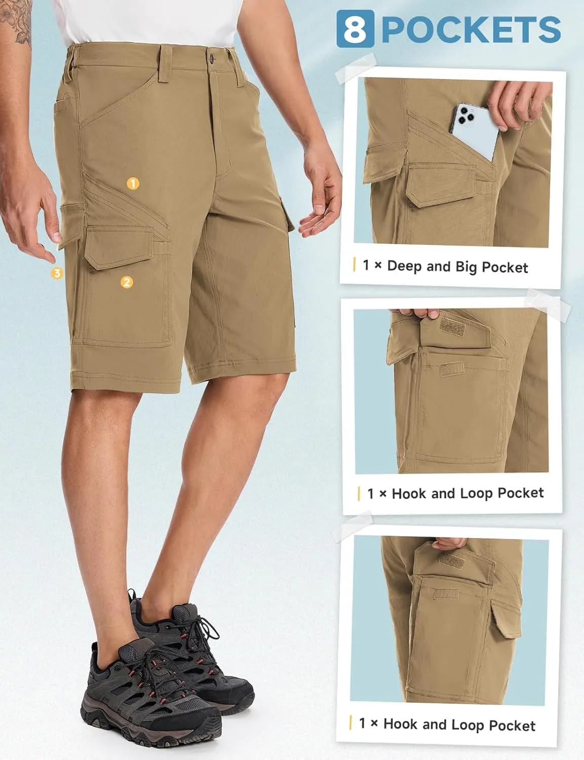 Moosehill Mens-Cargo-Hiking-Shorts Lightweight Water Resistant Quick Dry Relaxed Fit Big & Tall Stretch Waist with 8 Pockets