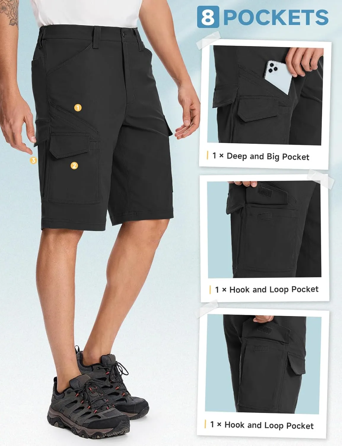 Moosehill Mens-Cargo-Hiking-Shorts Lightweight Water Resistant Quick Dry Relaxed Fit Big & Tall Stretch Waist with 8 Pockets