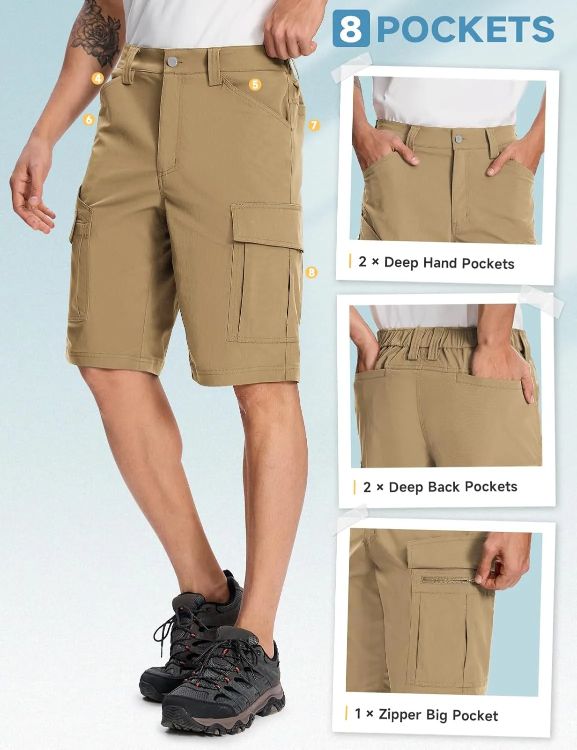 Moosehill Mens-Cargo-Hiking-Shorts Lightweight Water Resistant Quick Dry Relaxed Fit Big & Tall Stretch Waist with 8 Pockets