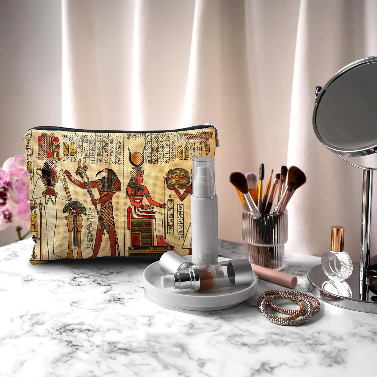 Nogrit Egyptian Gifts Makeup Cosmetic Bag - Ancient Egypt Mythology Pharaoh God Hieroglyphs Makeup Travel Toiletry Bag, Gift for Egypt Lover, Egyptian Decor