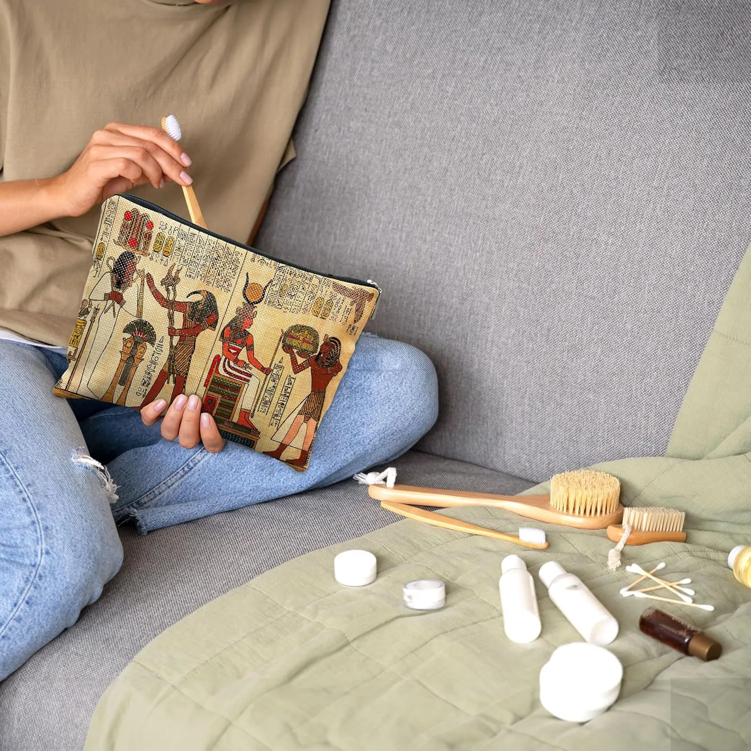 Nogrit Egyptian Gifts Makeup Cosmetic Bag - Ancient Egypt Mythology Pharaoh God Hieroglyphs Makeup Travel Toiletry Bag, Gift for Egypt Lover, Egyptian Decor