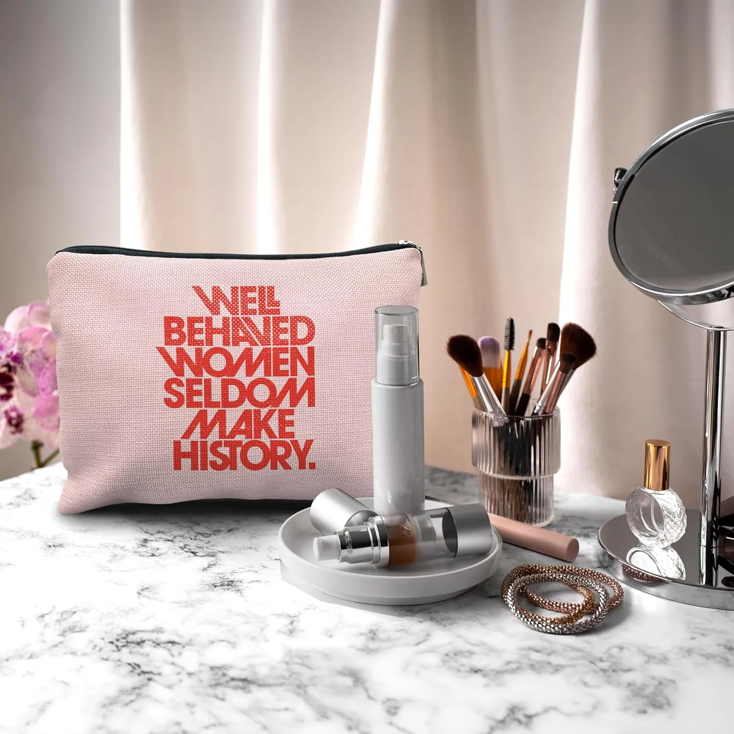 Nogrit Female Empowerment Trendy Pink Preppy Makeup Cosmetic Bag,Well-Behaved Women Seldom Make History Makeup Travel Toiletry Bag,Inspirational Gifts for Women