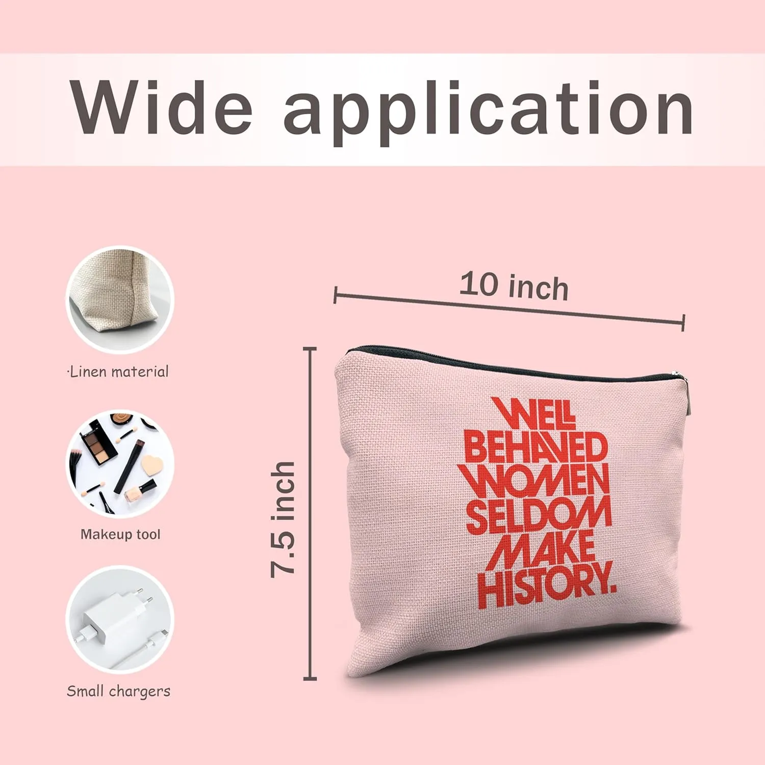 Nogrit Female Empowerment Trendy Pink Preppy Makeup Cosmetic Bag,Well-Behaved Women Seldom Make History Makeup Travel Toiletry Bag,Inspirational Gifts for Women