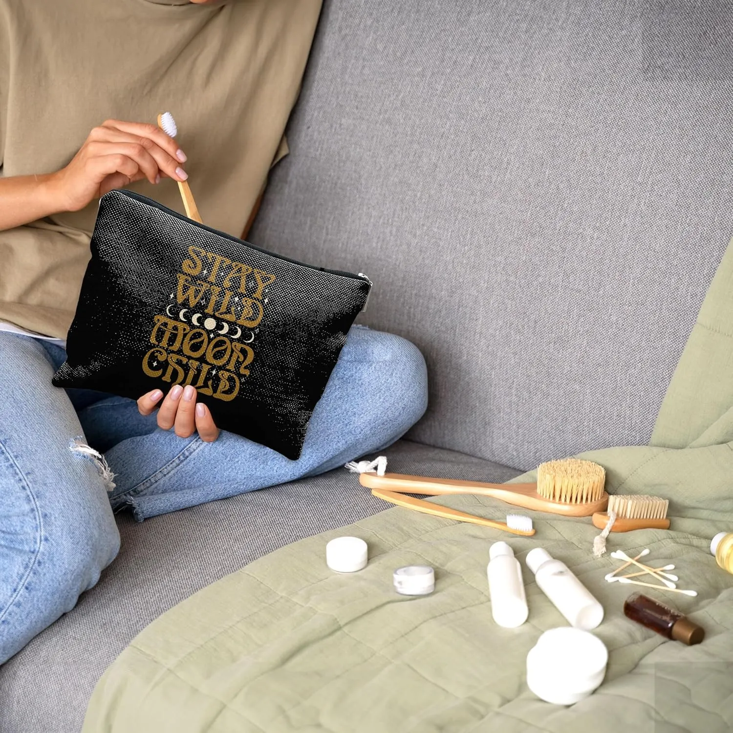 Nogrit Tarot Makeup bag,Moon Child Cosmetic Bag,Stay Wild Moon Child,Inspirational Makeup bag,Spiritual Travel Toiletry Bag,Motivational Gifts for Tarot Astrology Lovers Women