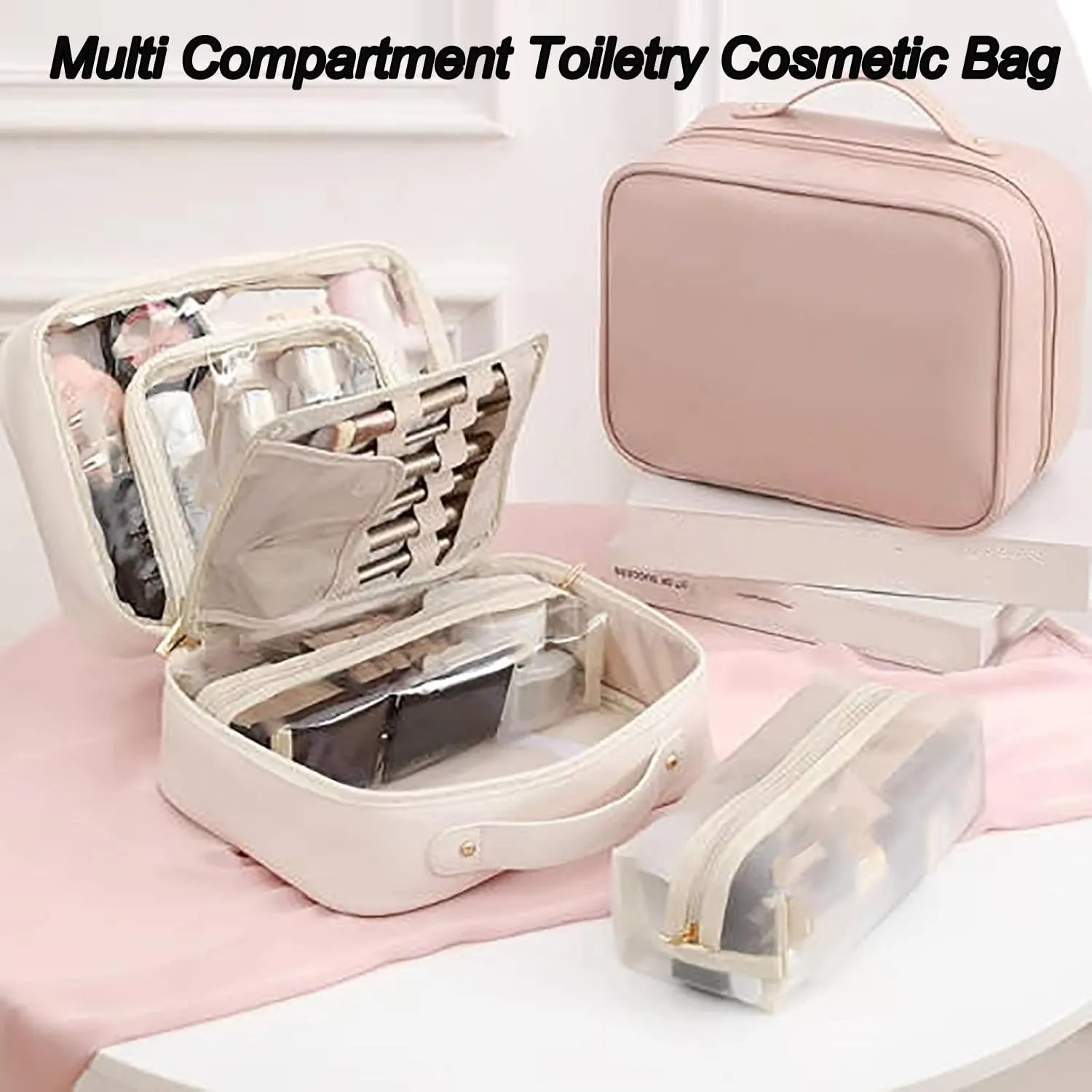 Obviously Multi-compartment Toiletry Cosmetics Bag, Travel Makeup Pouch for Women, Portable Water Resistant Versatile Large Capacity Makeup Organizer Bag (Beige)