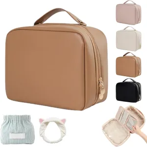 Obviously Multi-compartment Toiletry Cosmetics Bag, Travel Makeup Pouch for Women, Portable Water Resistant Versatile Large Capacity Makeup Organizer Bag (Brown)