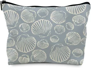 Ocean Coastal Beach Leather Makeup Bag Aesthetic, Sea Shell Pouch for Women, Beach Vacation Gifts, Light Blue Beachy Makeup Pouch(PU)
