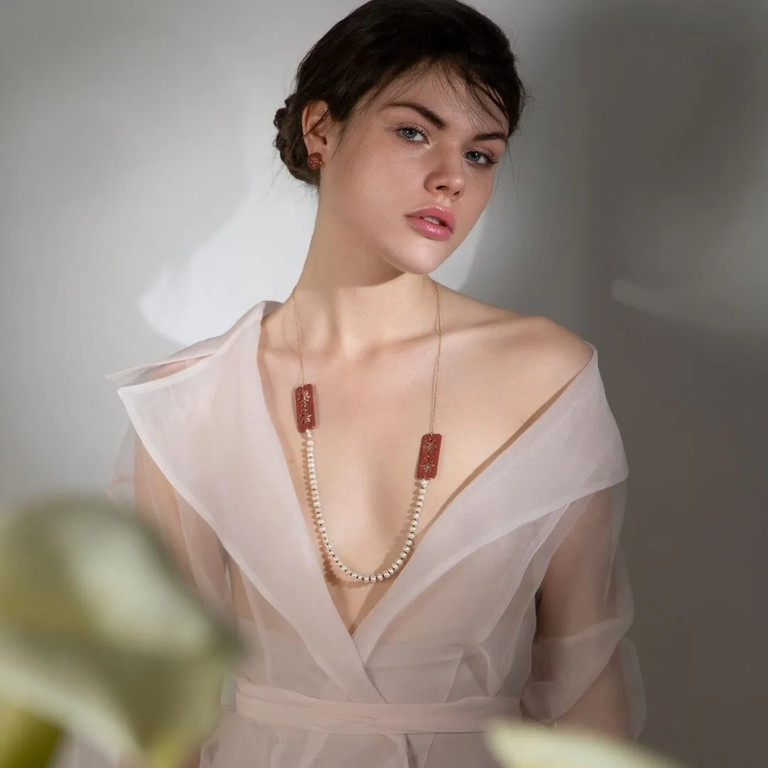 Pelargonium - statement necklace with enamel & with freshwater pearl - brown