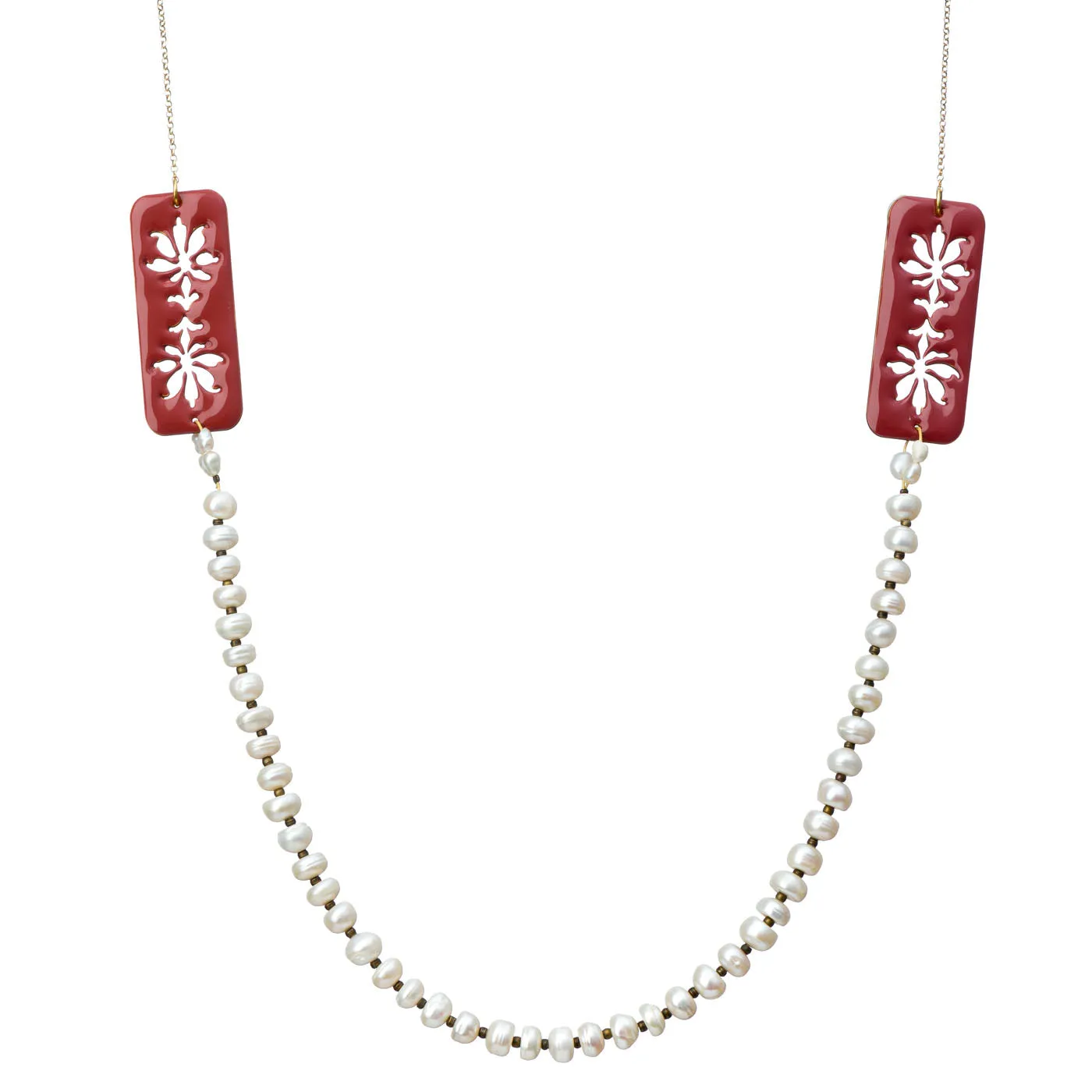Pelargonium - statement necklace with enamel & with freshwater pearl - brown