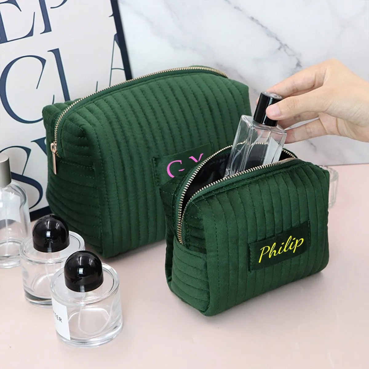 Personalized Velvet Makeup Bag,Custom Name Cosmetic Bag,Initials Travel Toiletry Bag,Bridesmaid Gifts,Birthday Gift,Gift for Her,Mothers Day Gift (Green)