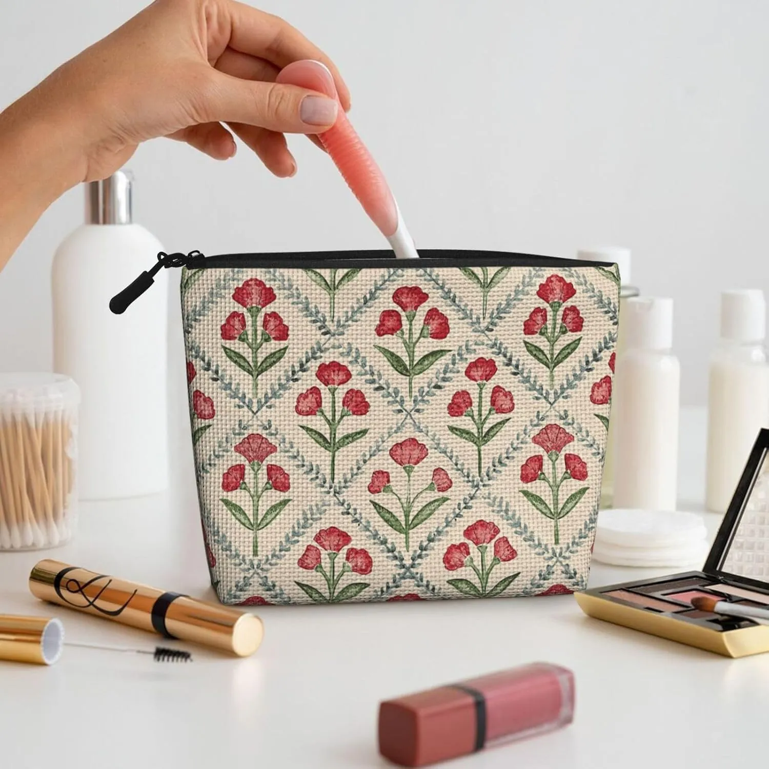 Pink Floral Flower Makeup Bag Travel Cosmetic Bag Organizer Toiletry Bag Make Up Bags For Women Girls Large Light