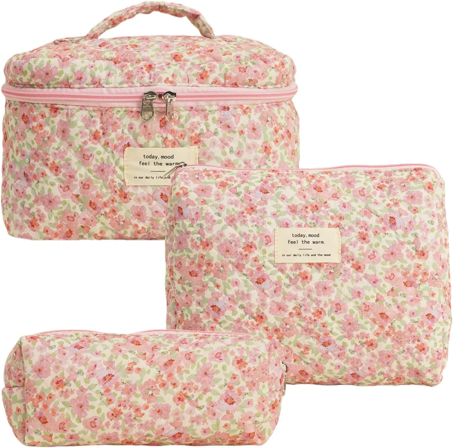 Pink Floral Quilted Makeup Bag Set for Travel 3PCS Large Coquette Cosmetic Toiletry Pouch Bags Preppy Aesthetic Purse Cotton Lightweight Organizer Storage Case (Pink)