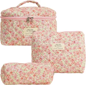 Pink Floral Quilted Makeup Bag Set for Travel 3PCS Large Coquette Cosmetic Toiletry Pouch Bags Preppy Aesthetic Purse Cotton Lightweight Organizer Storage Case (Pink)