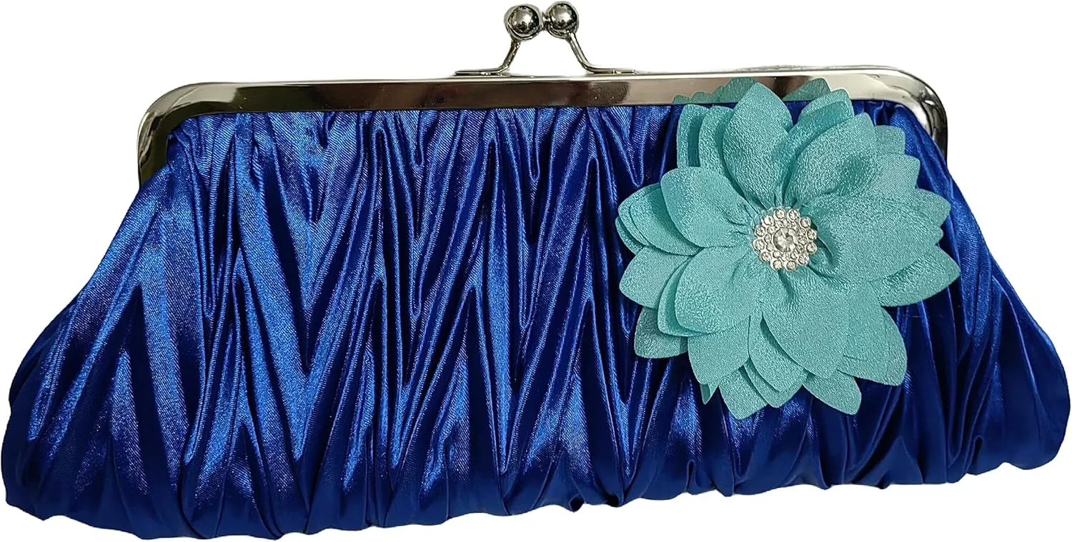 Pleated Frame Metal Chain Evening Clutch Purse Silk Satin Women's Clutch Bag Handbag