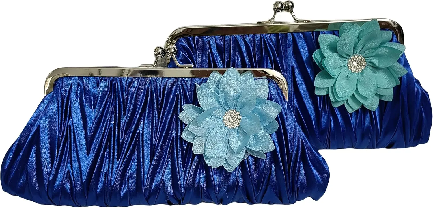 Pleated Frame Metal Chain Evening Clutch Purse Silk Satin Women's Clutch Bag Handbag