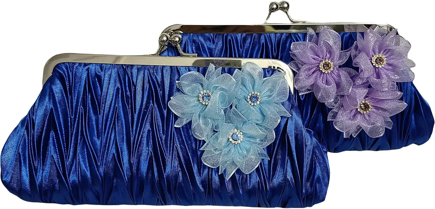 Pleated Frame Metal Chain Evening Clutch Purse Silk Satin Women's Clutch Bag Handbag
