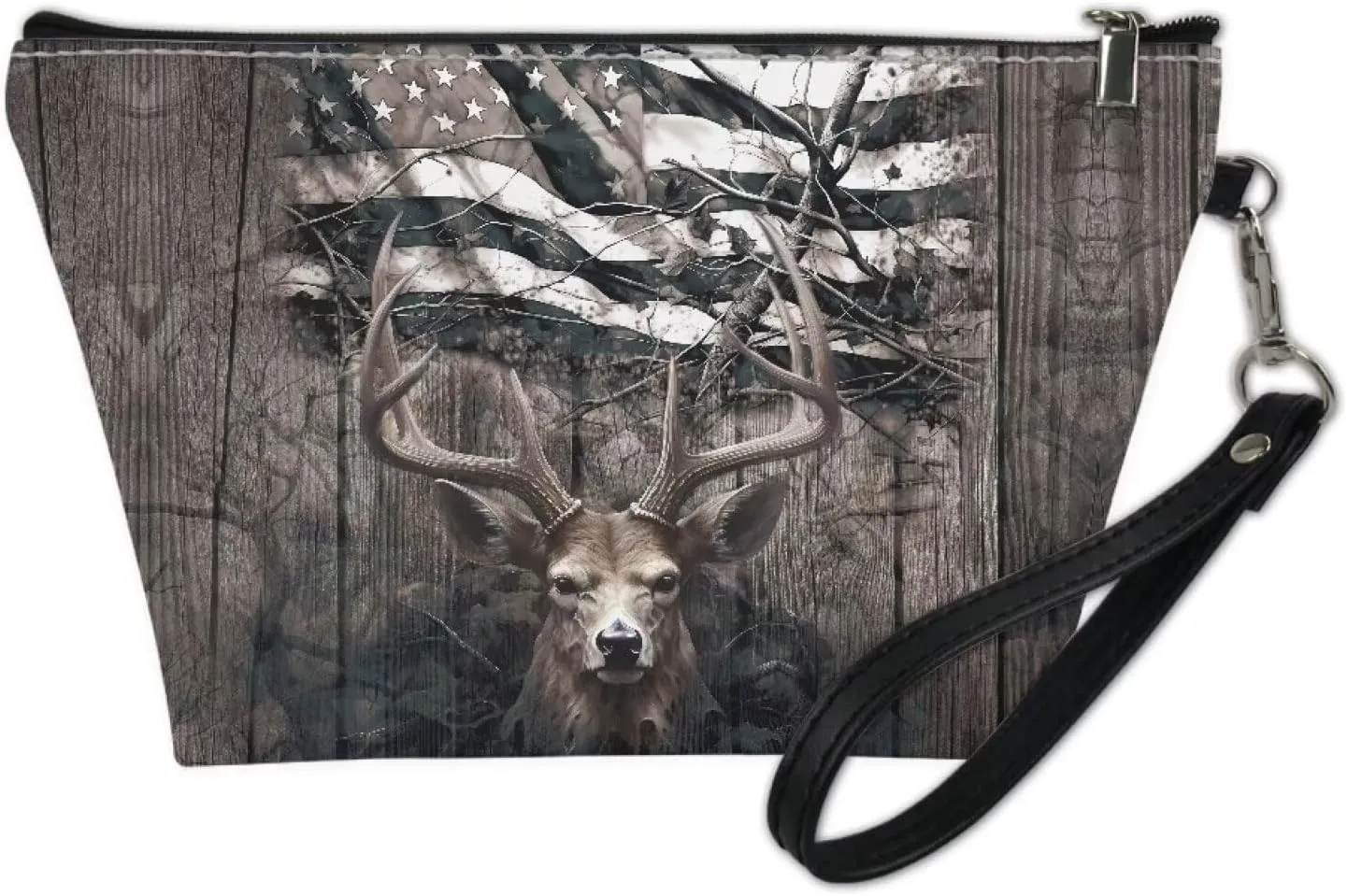 Poceacles American Flag Deer Retro Print Zipper Makeup Bag for Women Cosmetic Bags Toiletry Bag Large Capacity Organizer Pouch with Zipper Travel Accessories for Women Girls