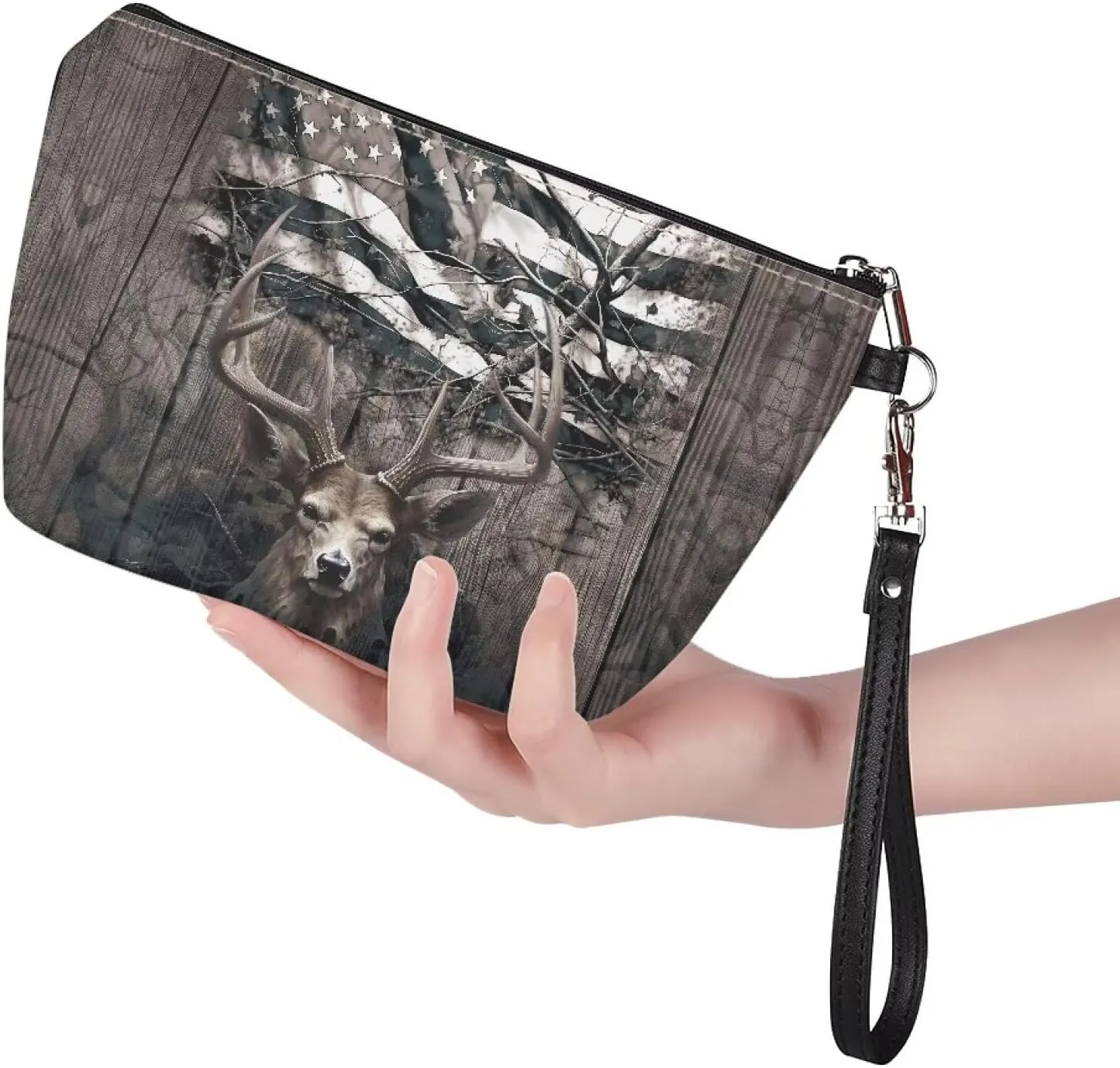 Poceacles American Flag Deer Retro Print Zipper Makeup Bag for Women Cosmetic Bags Toiletry Bag Large Capacity Organizer Pouch with Zipper Travel Accessories for Women Girls