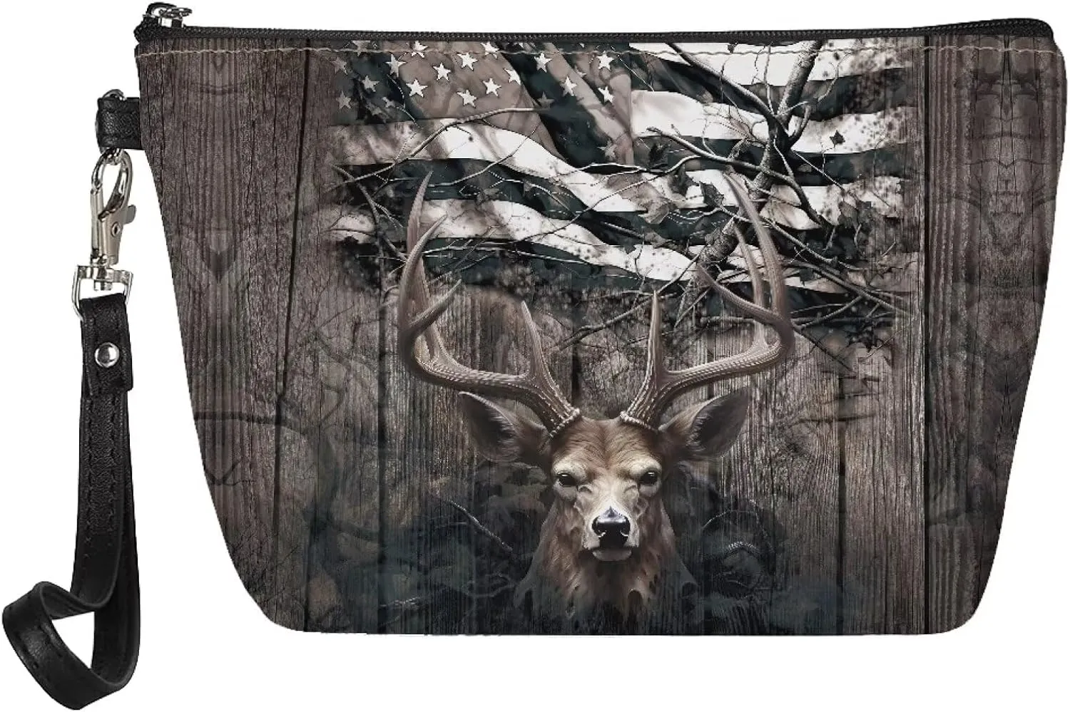 Poceacles American Flag Deer Retro Print Zipper Makeup Bag for Women Cosmetic Bags Toiletry Bag Large Capacity Organizer Pouch with Zipper Travel Accessories for Women Girls