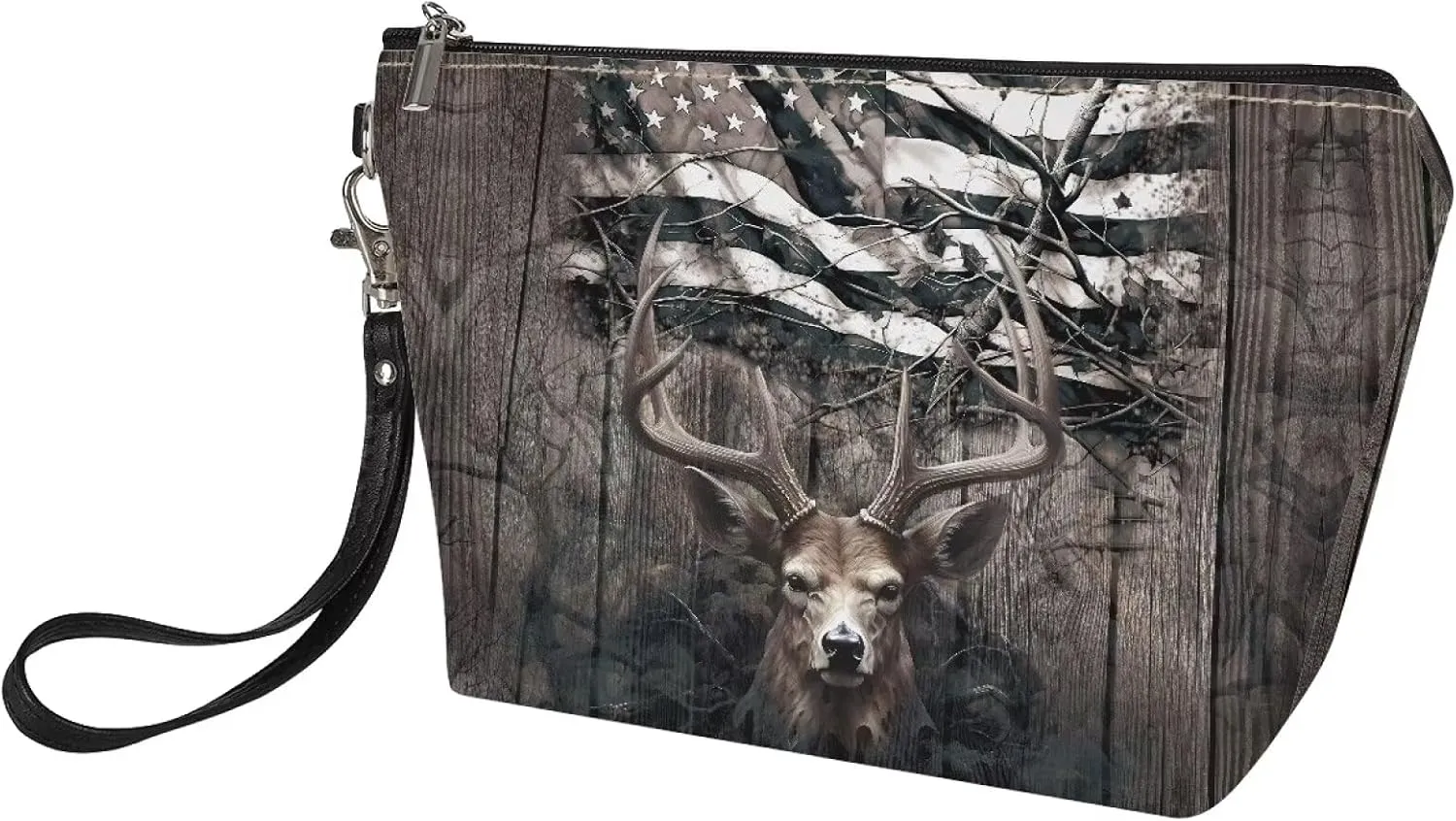 Poceacles American Flag Deer Retro Print Zipper Makeup Bag for Women Cosmetic Bags Toiletry Bag Large Capacity Organizer Pouch with Zipper Travel Accessories for Women Girls
