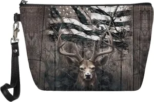 Poceacles American Flag Deer Retro Print Zipper Makeup Bag for Women Cosmetic Bags Toiletry Bag Large Capacity Organizer Pouch with Zipper Travel Accessories for Women Girls