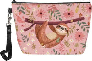 Poceacles Sloth Floral Print Cosmetic Bags Makeup Bags Toiletry Bag Large Capacity Organizer Pouch with Zipper Travel Accessories for Women Girls, Pink