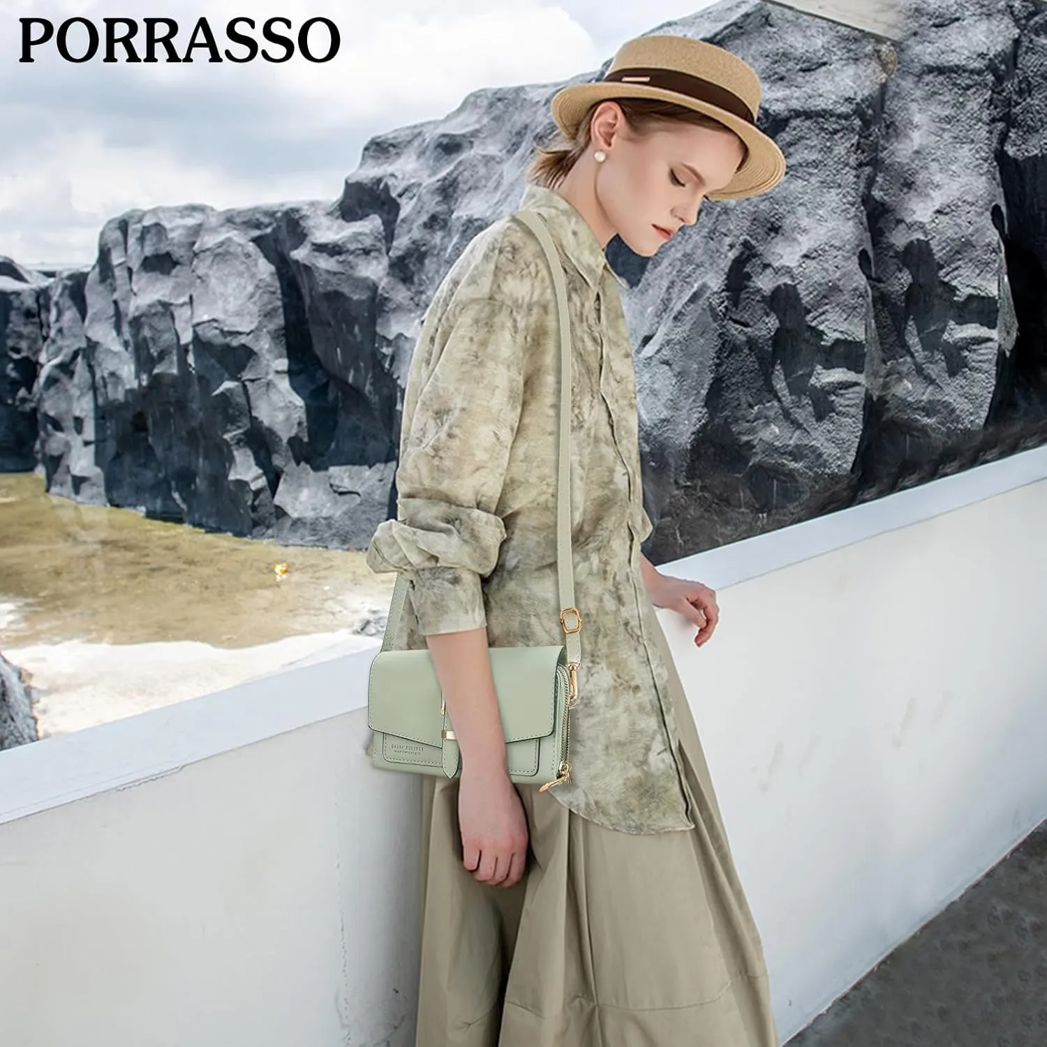 PORRASSO Elegant Wallet Crossbody Phone Bag Women's Shoulder Bag Clutch Purse Bag PU Wallet for Party Wedding Travelling Light Green