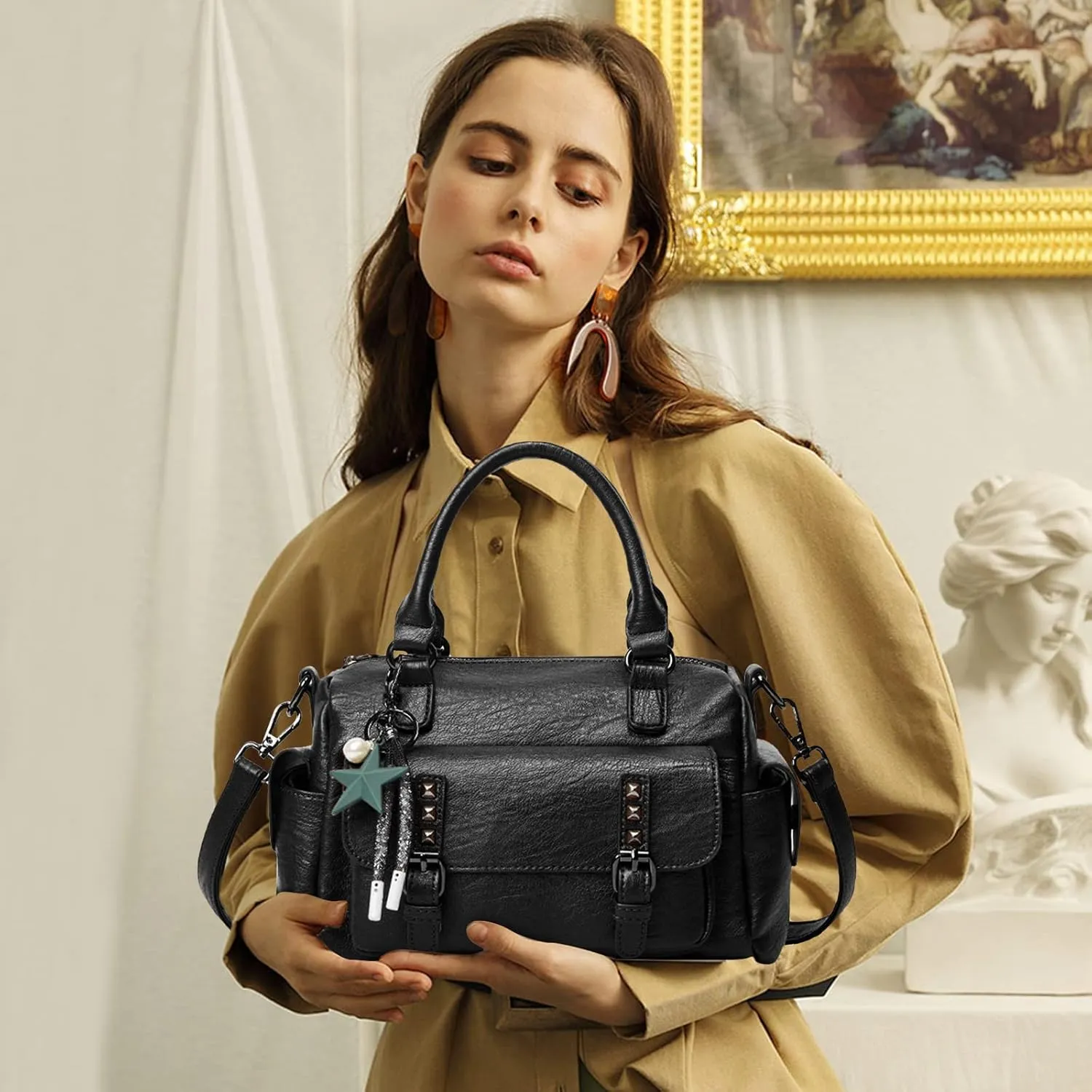 PORRASSO Retro Handbag Women Crossbody Bag Ladies Shoulder Bag with Pendant Satchel