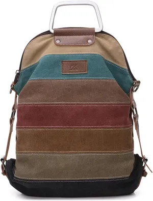 PORRASSO Women Backpack Canvas Crossbody Bag Multi-Color Striped Shoulder Bag Satchel Ladies Tote Daypack for Travel Work Shopping Daily Use Red