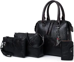 PORRASSO Women Handbag Purse 4Pcs Vintage Shoulder Bag PU Leather Crossbody Clutch Bag for School Work Travel Black