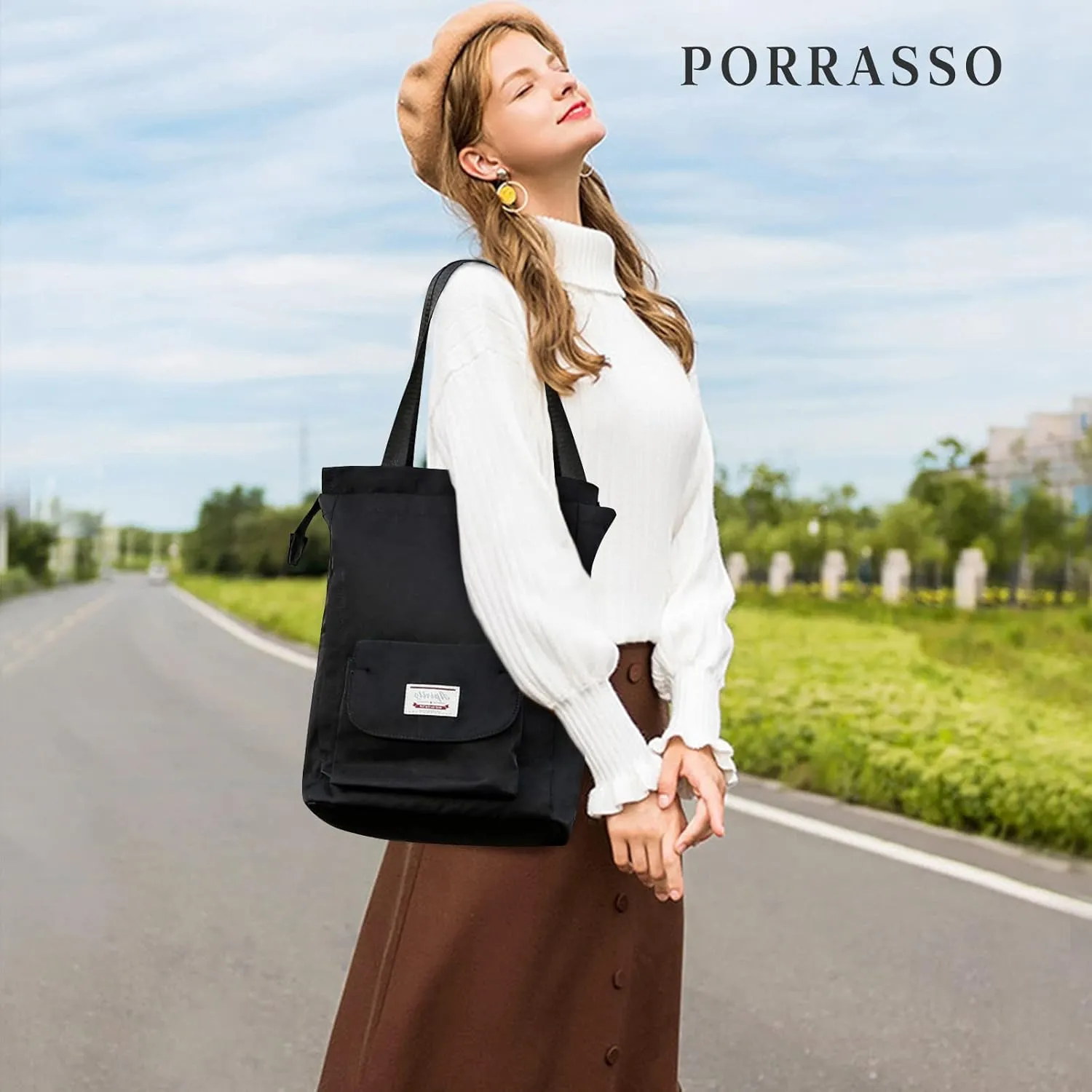 PORRASSO Women Laptop Backpack Casual Shoulder Bag with USB Charging Port Luggage Strap for 14 Inch Laptop Daypack Work Travel Rucksack Black