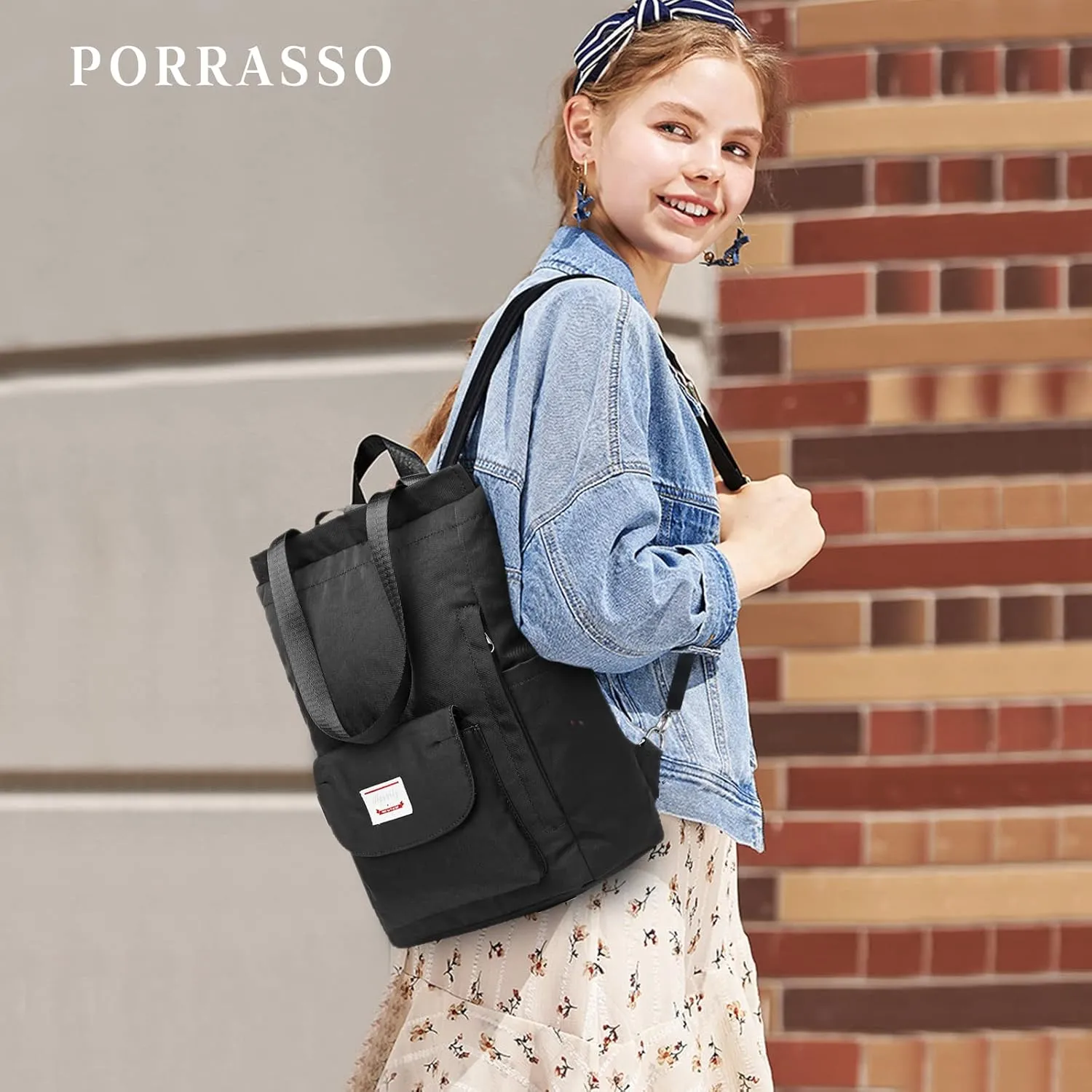 PORRASSO Women Laptop Backpack Casual Shoulder Bag with USB Charging Port Luggage Strap for 15.6 Inch Laptop Daypack College Work Travel Rucksack Black