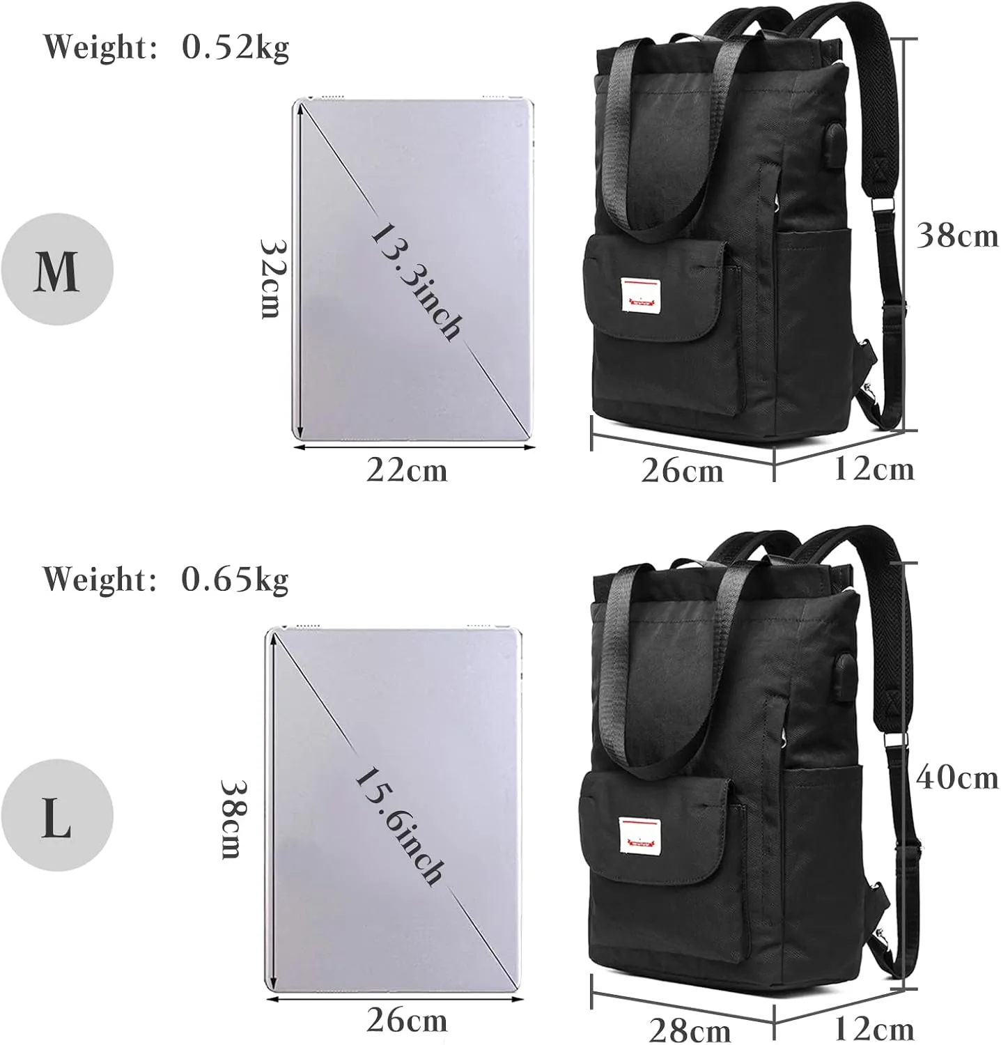 PORRASSO Women Laptop Backpack Casual Shoulder Bag with USB Charging Port Luggage Strap for 15.6 Inch Laptop Daypack College Work Travel Rucksack Black