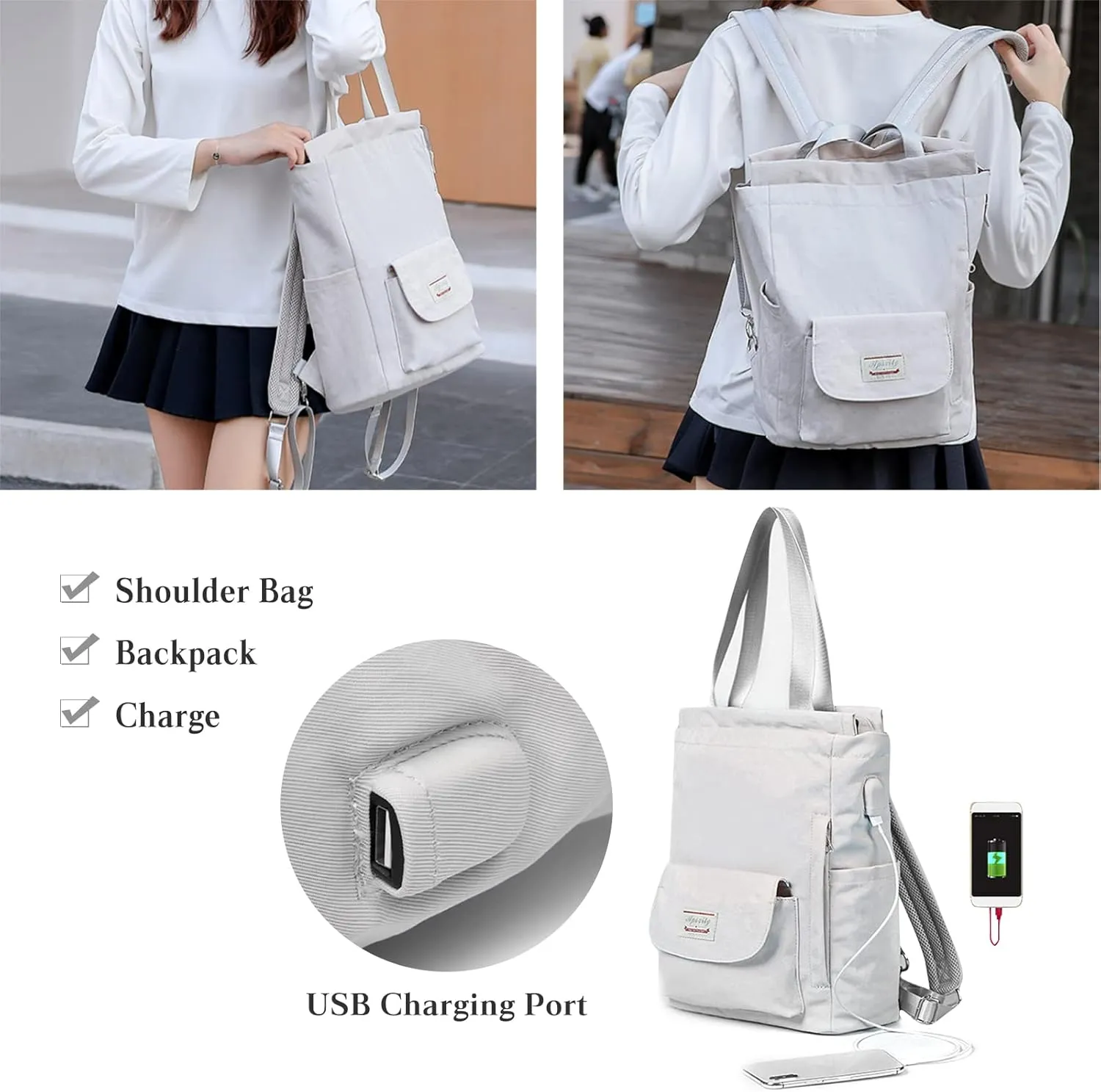 PORRASSO Women Laptop Backpack Casual Shoulder Bag with USB Charging Port Luggage Strap for 15.6 Inch Laptop Daypack College Work Travel Rucksack Black