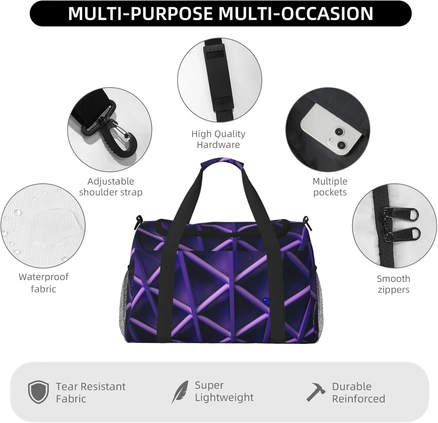 Purple Light Travel Duffel Bag Large Foldable Waterproof Overnight Bag For Beach Swim Bags Pool Sports Gym