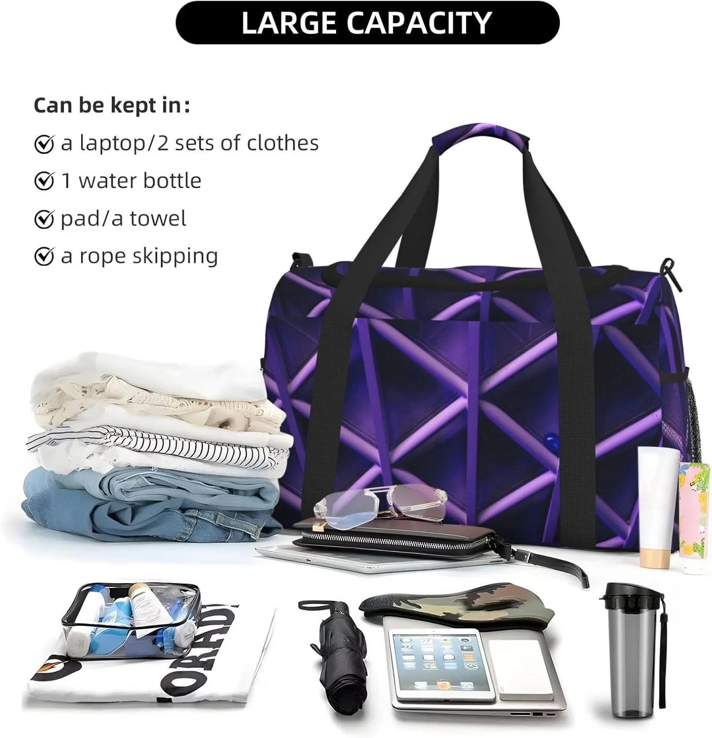 Purple Light Travel Duffel Bag Large Foldable Waterproof Overnight Bag For Beach Swim Bags Pool Sports Gym
