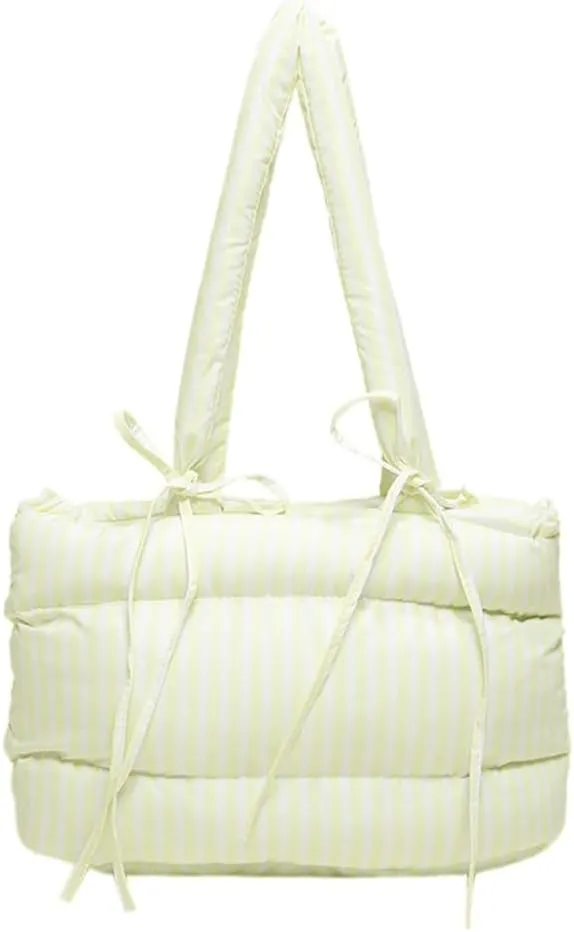 Quilted Bow-Tie Tote Bags for Women Cute Stripe Puffer Hobo Bags for Women Bowknot Shoulder Bag Purses Clutch Office Tote