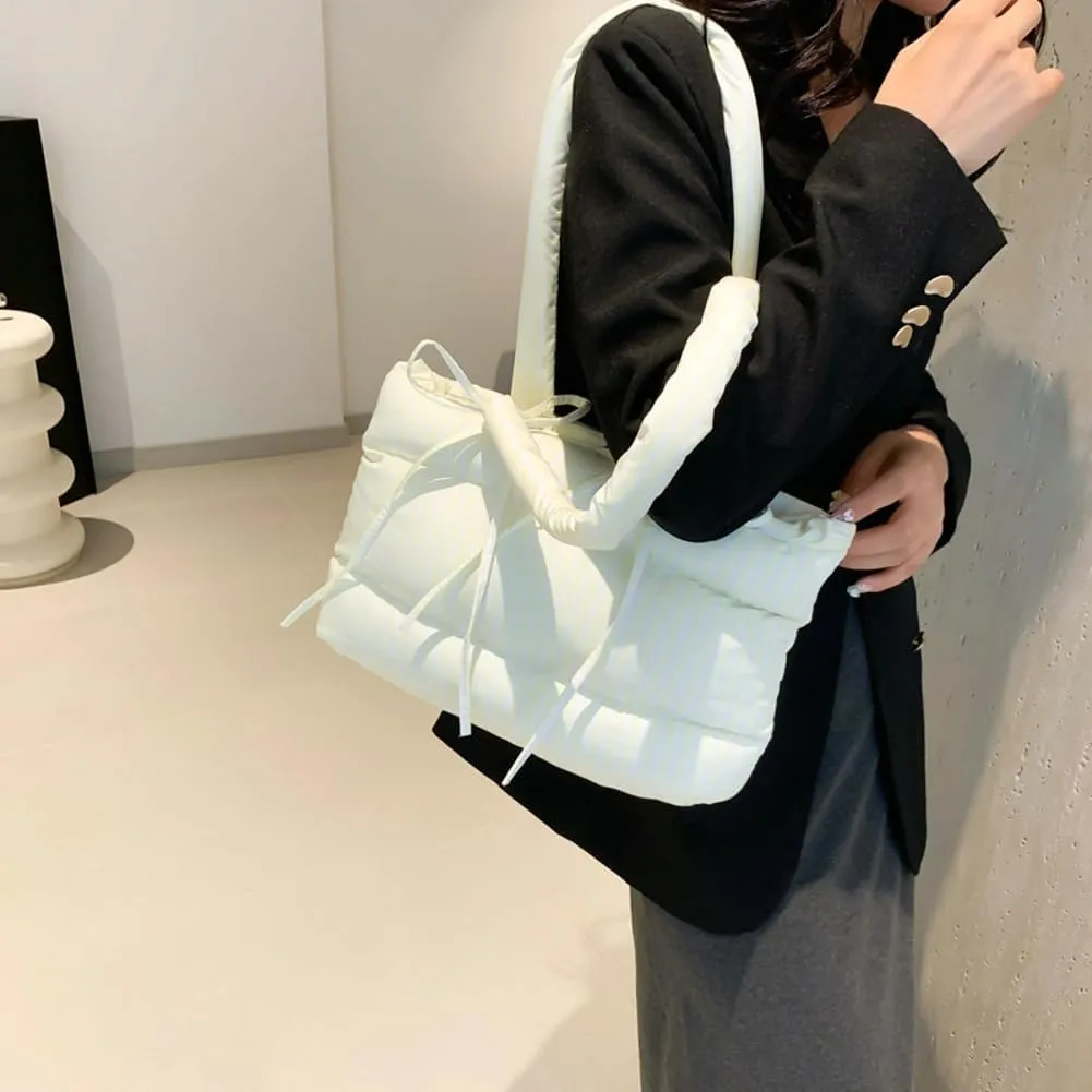 Quilted Bow-Tie Tote Bags for Women Cute Stripe Puffer Hobo Bags for Women Bowknot Shoulder Bag Purses Clutch Office Tote