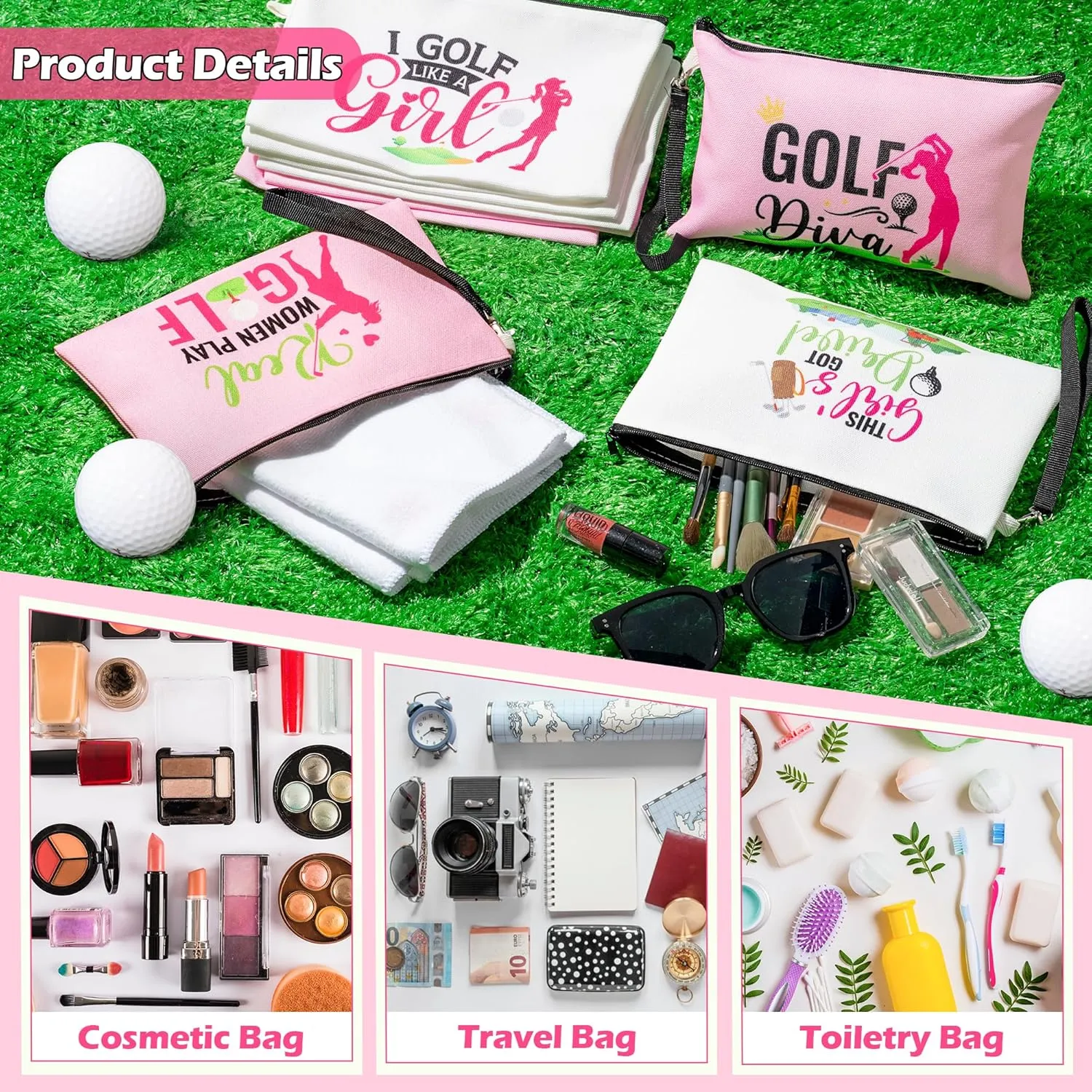 R HORSE 9Pcs Golf Makeup Bag Inspirational Gifts for Women Girls, Pink Canvas Cosmetic Toiletry Pouch Bag Christmas Birthday Gifts for Golf Team Player Lover Fan