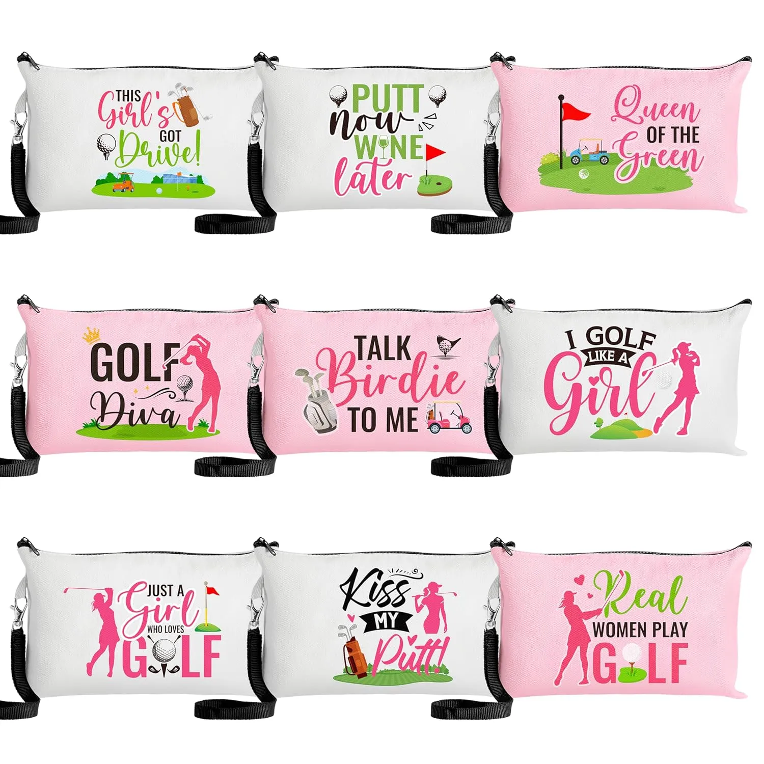 R HORSE 9Pcs Golf Makeup Bag Inspirational Gifts for Women Girls, Pink Canvas Cosmetic Toiletry Pouch Bag Christmas Birthday Gifts for Golf Team Player Lover Fan