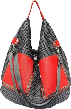 Real Cow Leather Tote Handbag Large Rivet Shoulder Bag Punk Style Underarm Purse Versatile Hobo Satchel