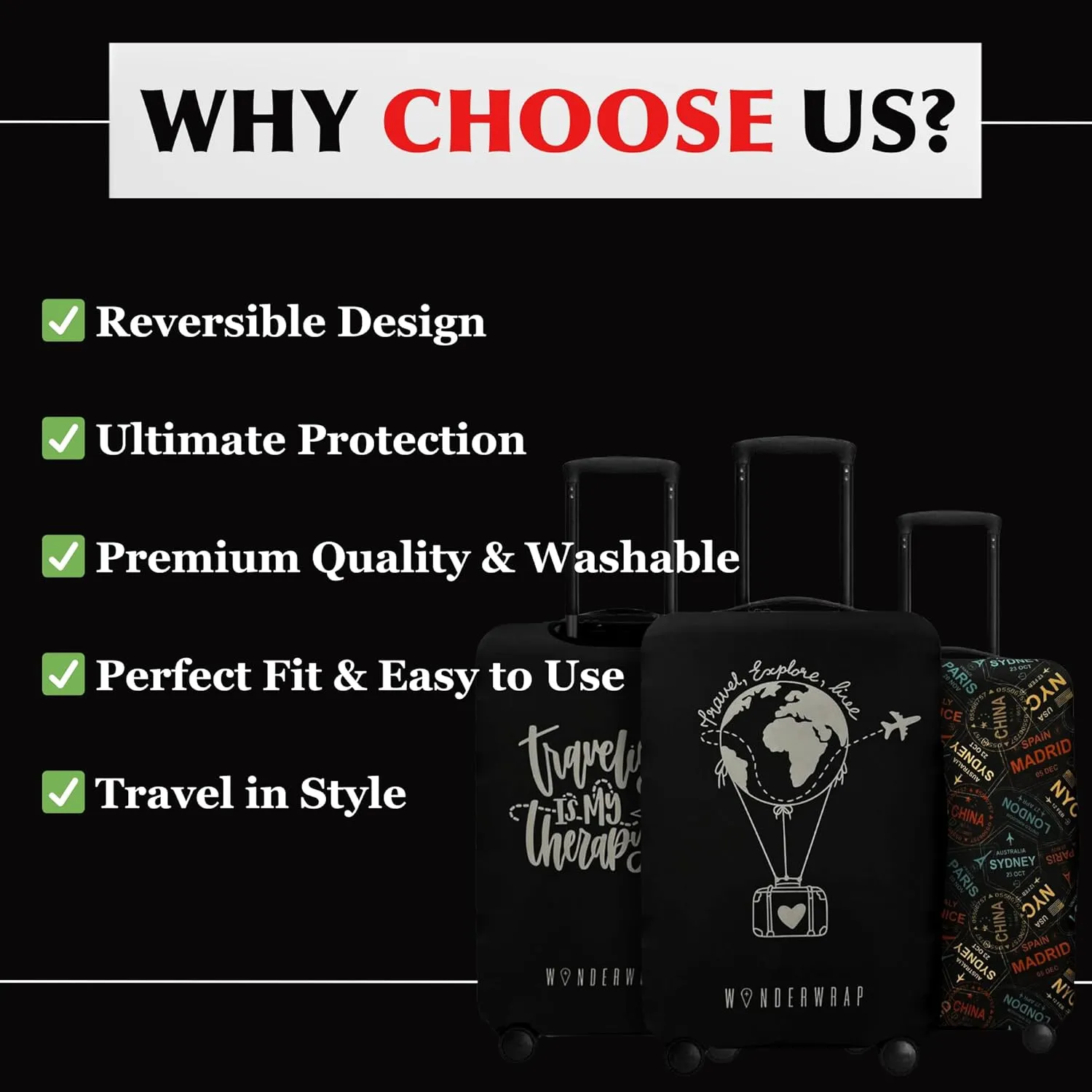 Reversible Luggage Covers & Protectors - Versatile & Washable Luggage & Suitcase Covers | Anti-Scratch Suitcase Cover for Travel (Black City Codes, Large (65-71 x 43-48 x 26-30cm))