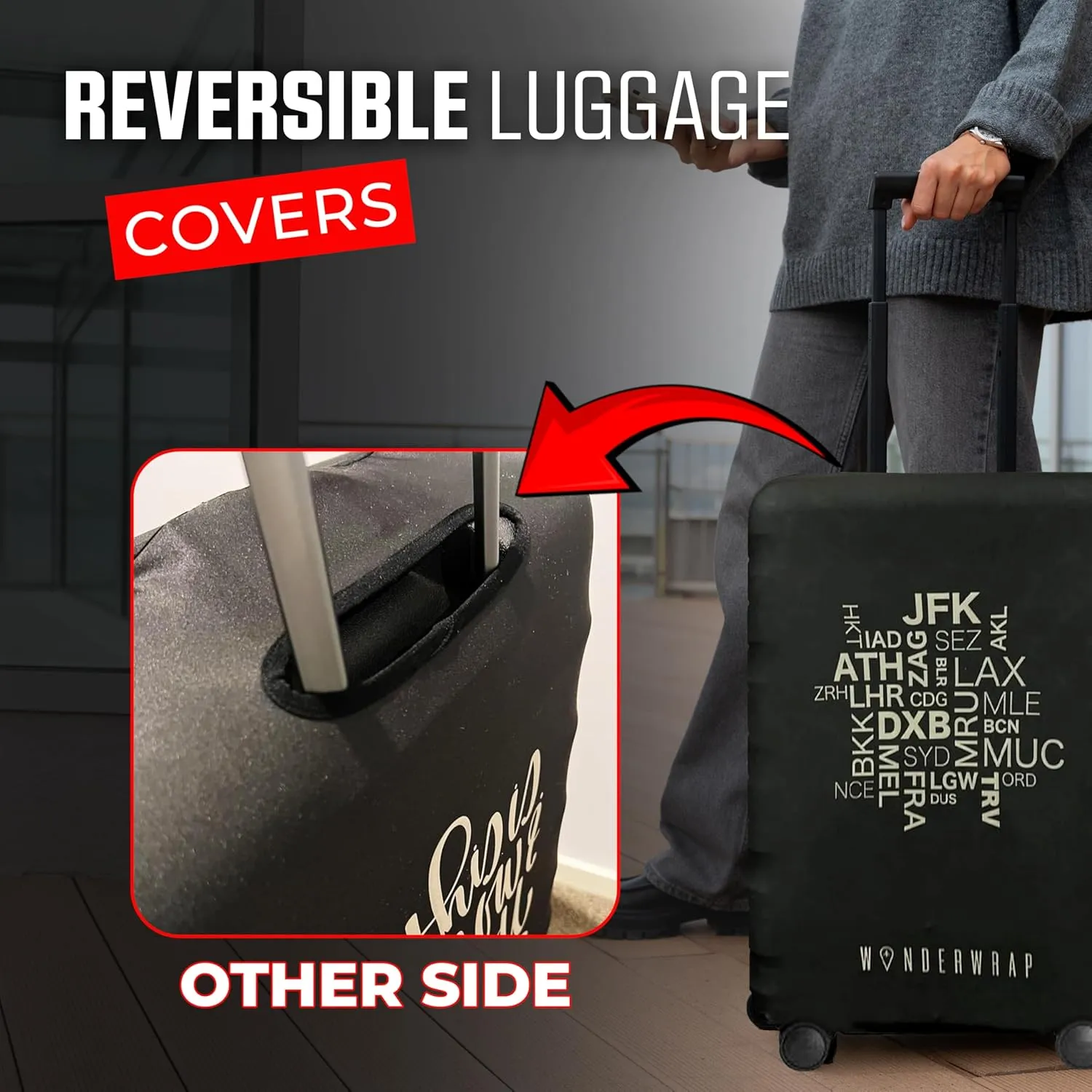 Reversible Luggage Covers & Protectors - Versatile & Washable Luggage & Suitcase Covers | Anti-Scratch Suitcase Cover for Travel (Black City Codes, Large (65-71 x 43-48 x 26-30cm))