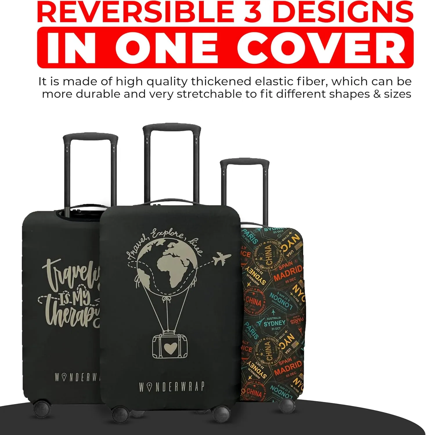 Reversible Luggage Covers & Protectors - Versatile & Washable Luggage & Suitcase Covers | Anti-Scratch Suitcase Cover for Travel (Black Hot Air Balloon, Large (65-71 x 43-48 x 26-30cm))