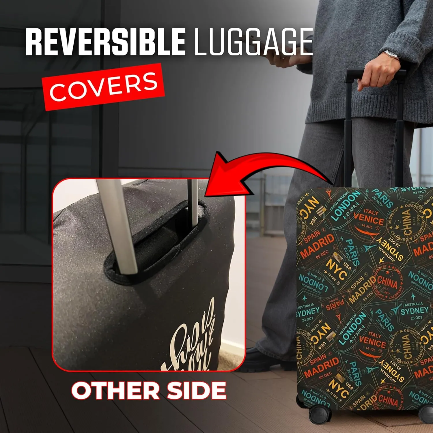 Reversible Luggage Covers & Protectors - Versatile & Washable Luggage & Suitcase Covers | Anti-Scratch Suitcase Cover for Travel (Black Hot Air Balloon, Large (65-71 x 43-48 x 26-30cm))