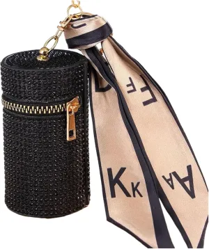 Rhinestone Purse Cylindrical Mini Rhinestone Lipstick Bag With Silk Scarf Keychain Women Portable Zipper Coin Purse Coin Bag(Black)